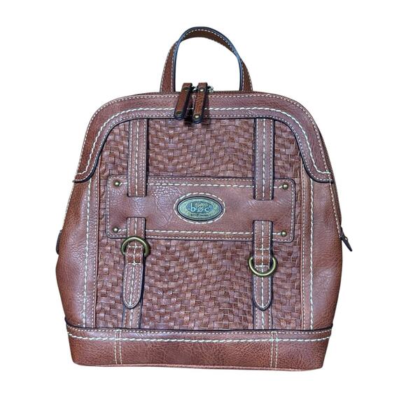 Born Concepts BOC Brown Faux Vegan Leather Woven Backpack Purse Travel 11\